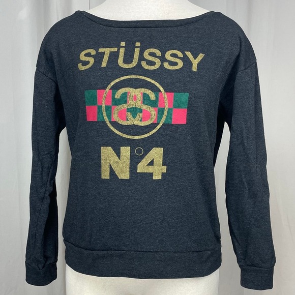 Vintage STUSSY Cropped Long Sleeve Dark Gray‎ Logo Sweatshirt Womens (M) 90s Y2K - Picture 1 of 8